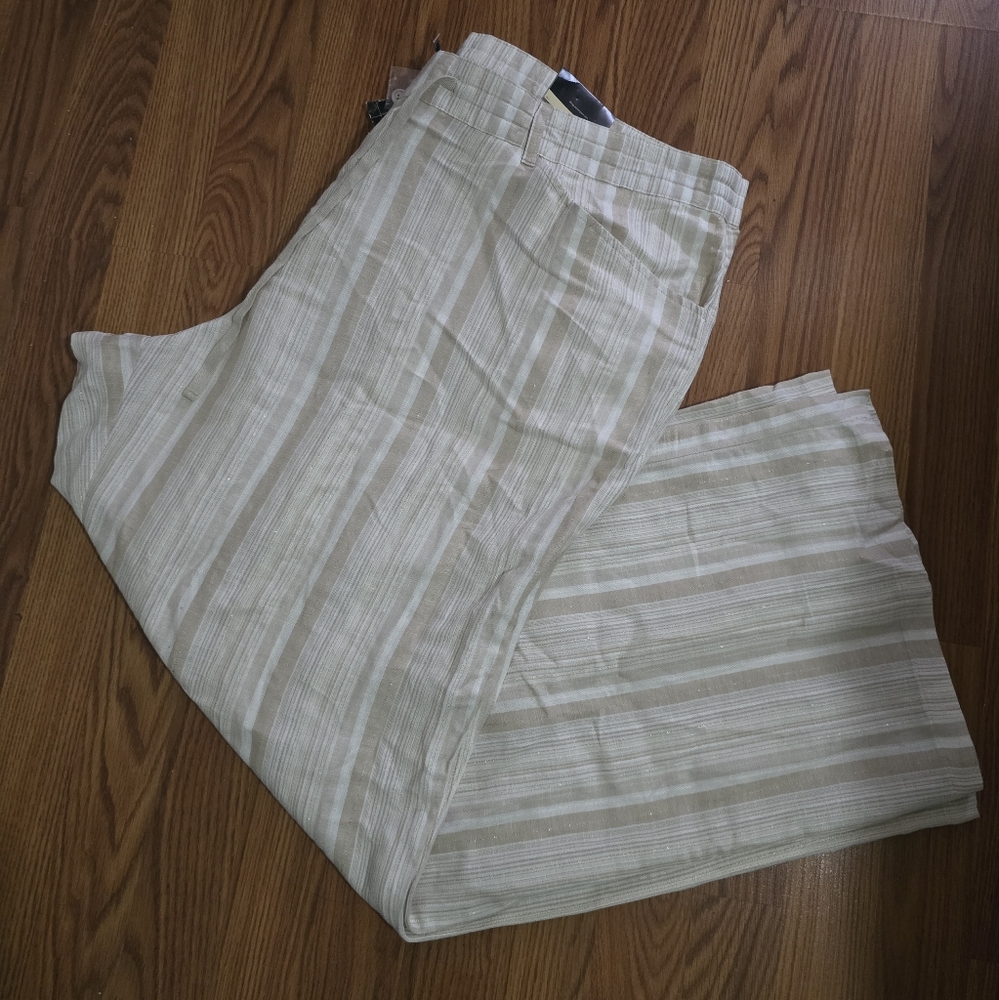 Lane Bryant NWT Stripped Linen Blend Pants Sz 26/28 Ivory Cream Straight Leg